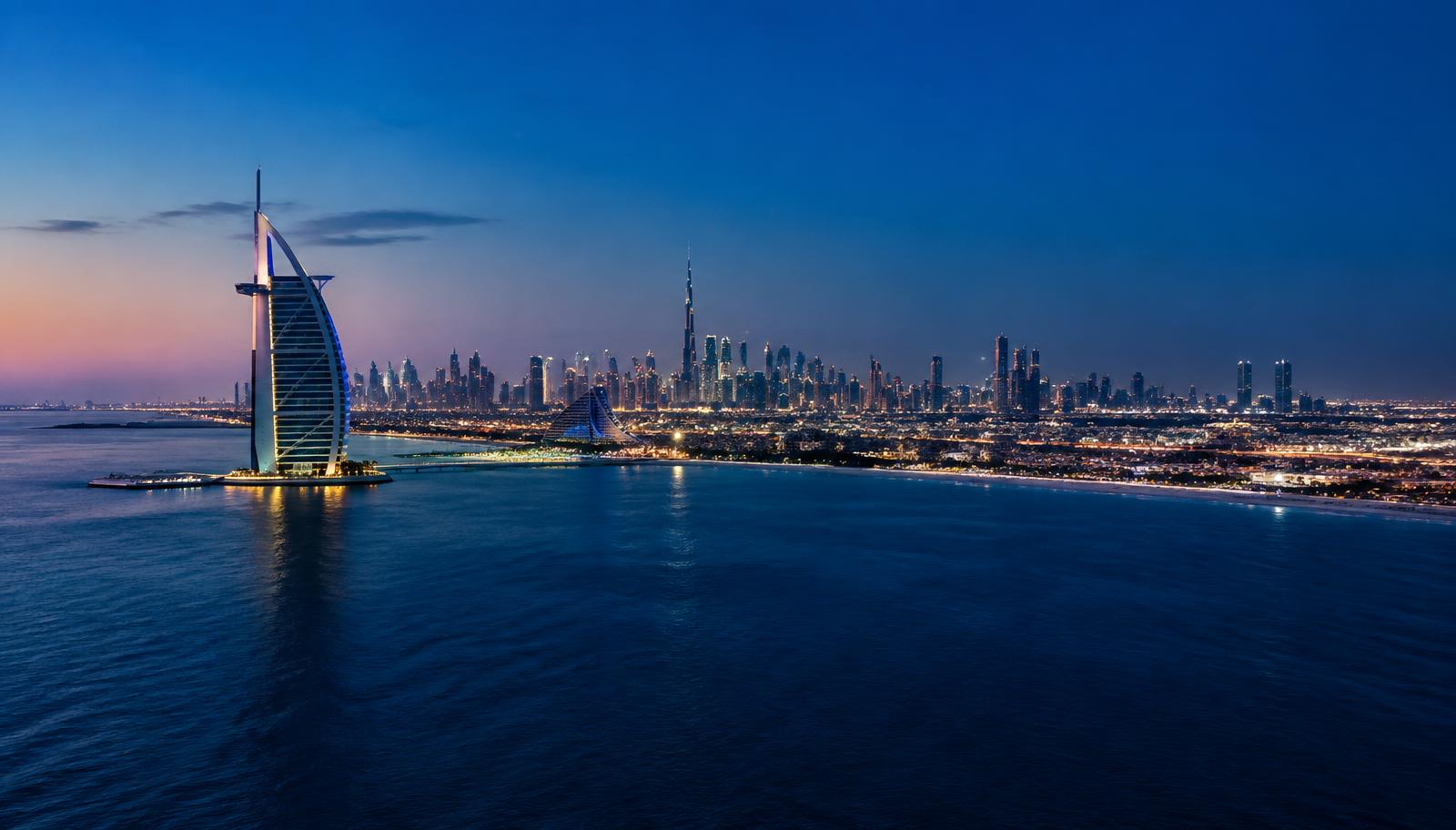 Dubai coastline and skyline at dusk seen from the sea