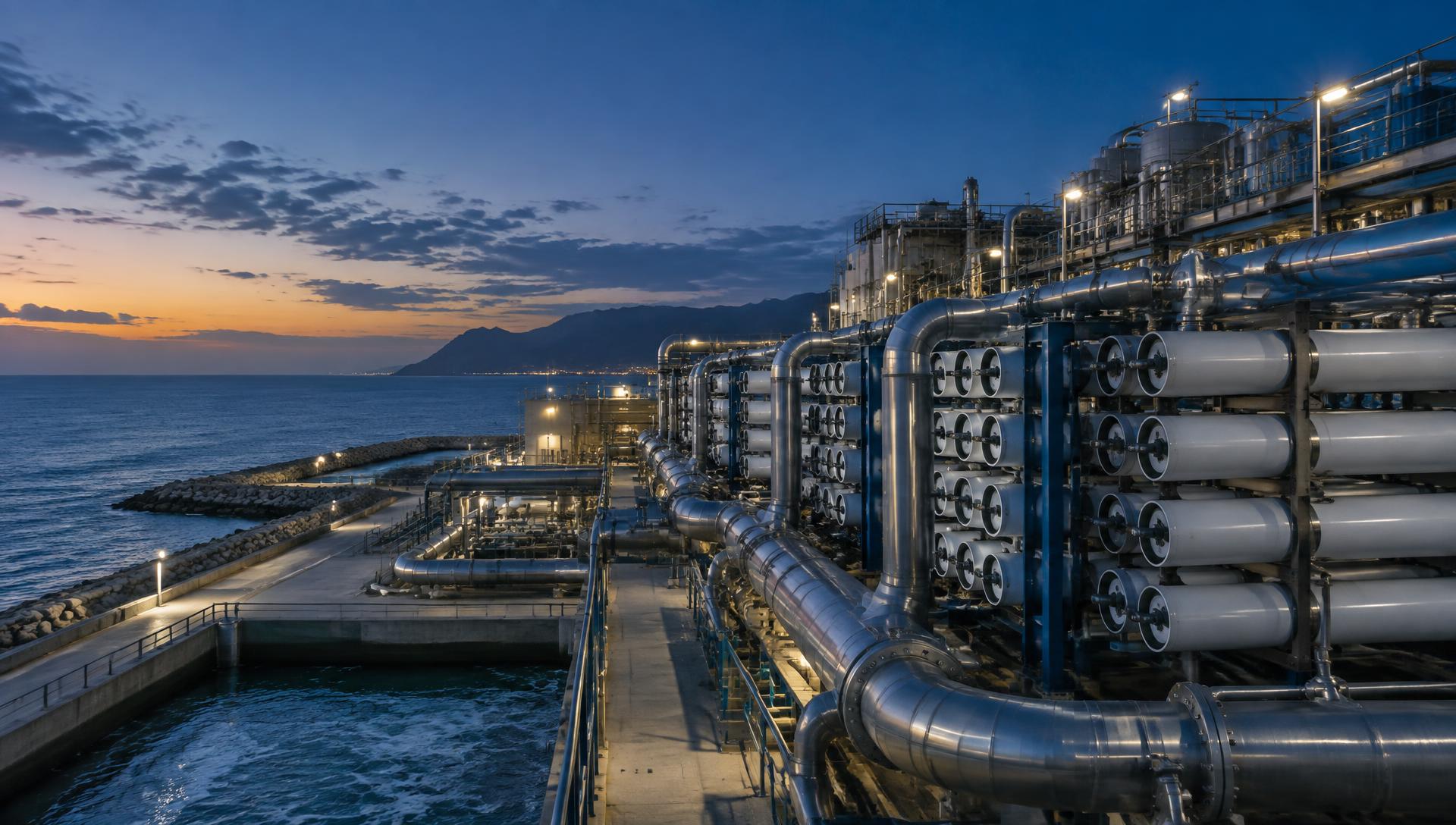Coastal seawater desalination plant with reverse osmosis membrane trains at dusk
